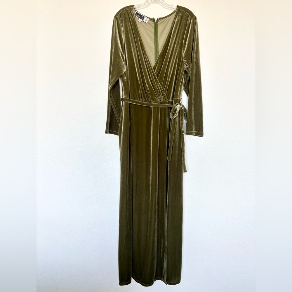 David's Bridal Olive Green Velvet Long Sleeve Wrap Dress